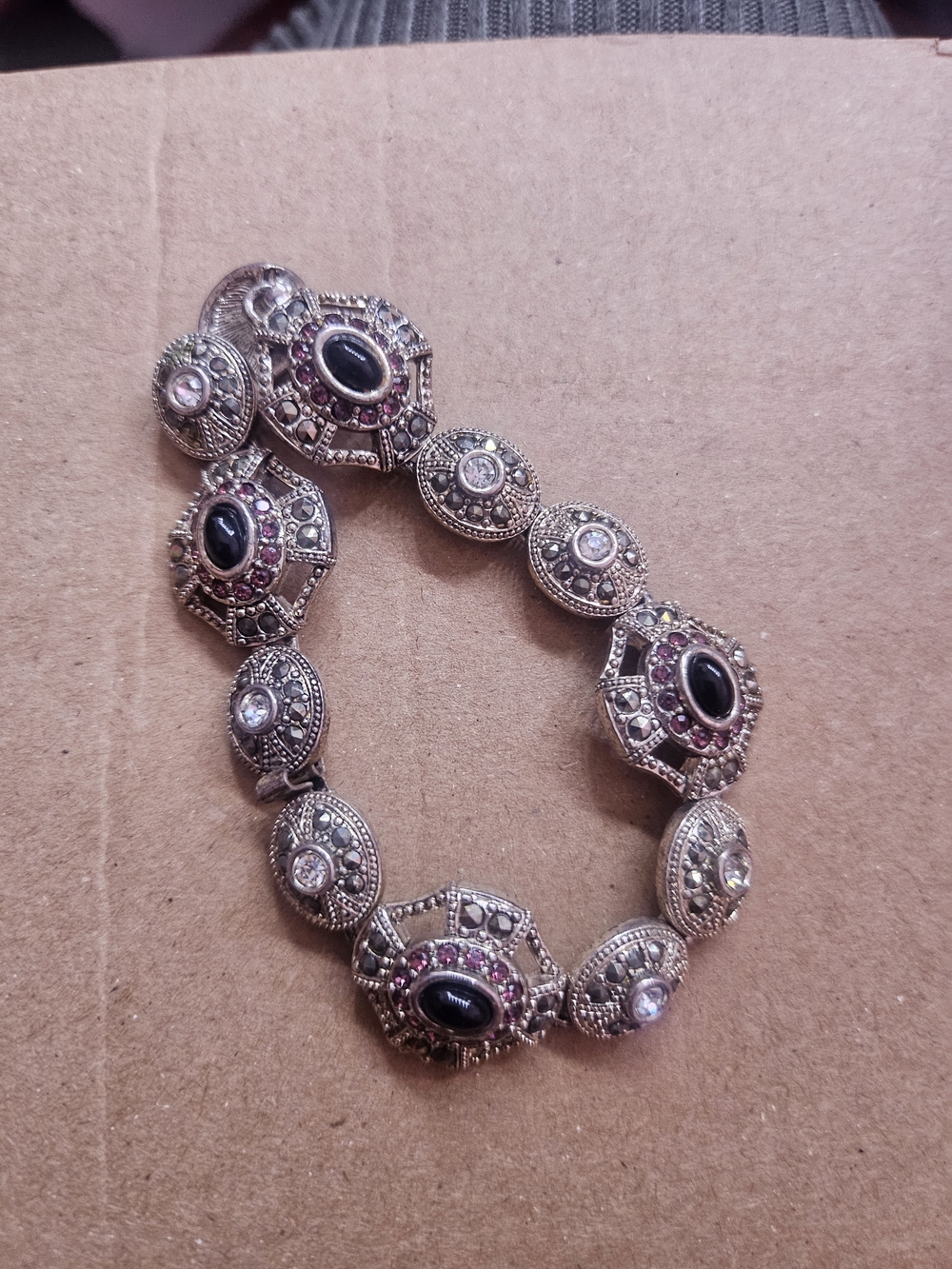 Vintage-Style Silver Marcasite Bracelet with Black Onyx and Clear Stones